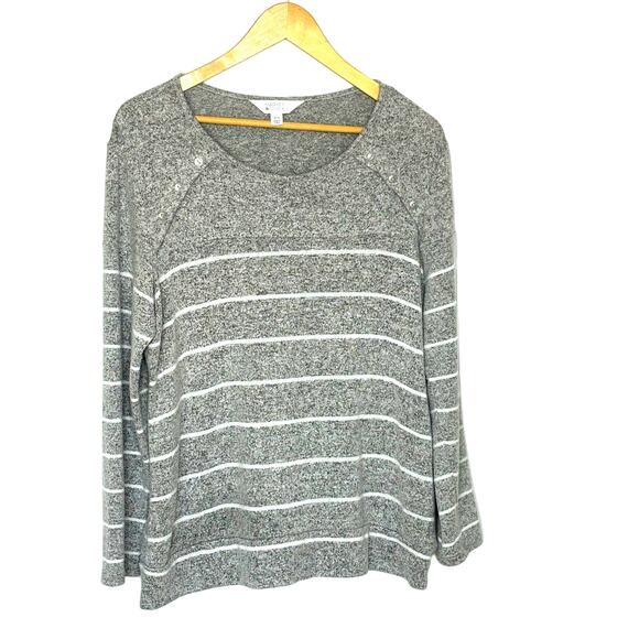 Market & Spruce Wms Petite L Cozy Brushed Knit Gray White Striped Tunic Sweater - Picture 1 of 9
